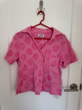 Frankie's Bikinis Pink Floral Terry Short-Sleeve Button-Up Shirt